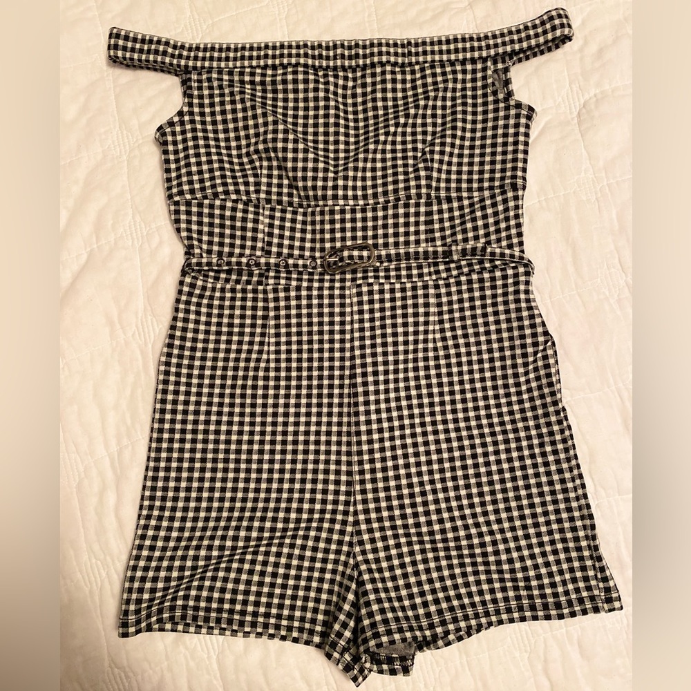 Anthropologie Black and White Gingham Off-Shoulder Romper